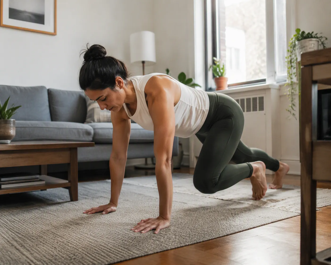 Person performing a plank-to-bear plank transition on a living room floor between a couch and coffee table