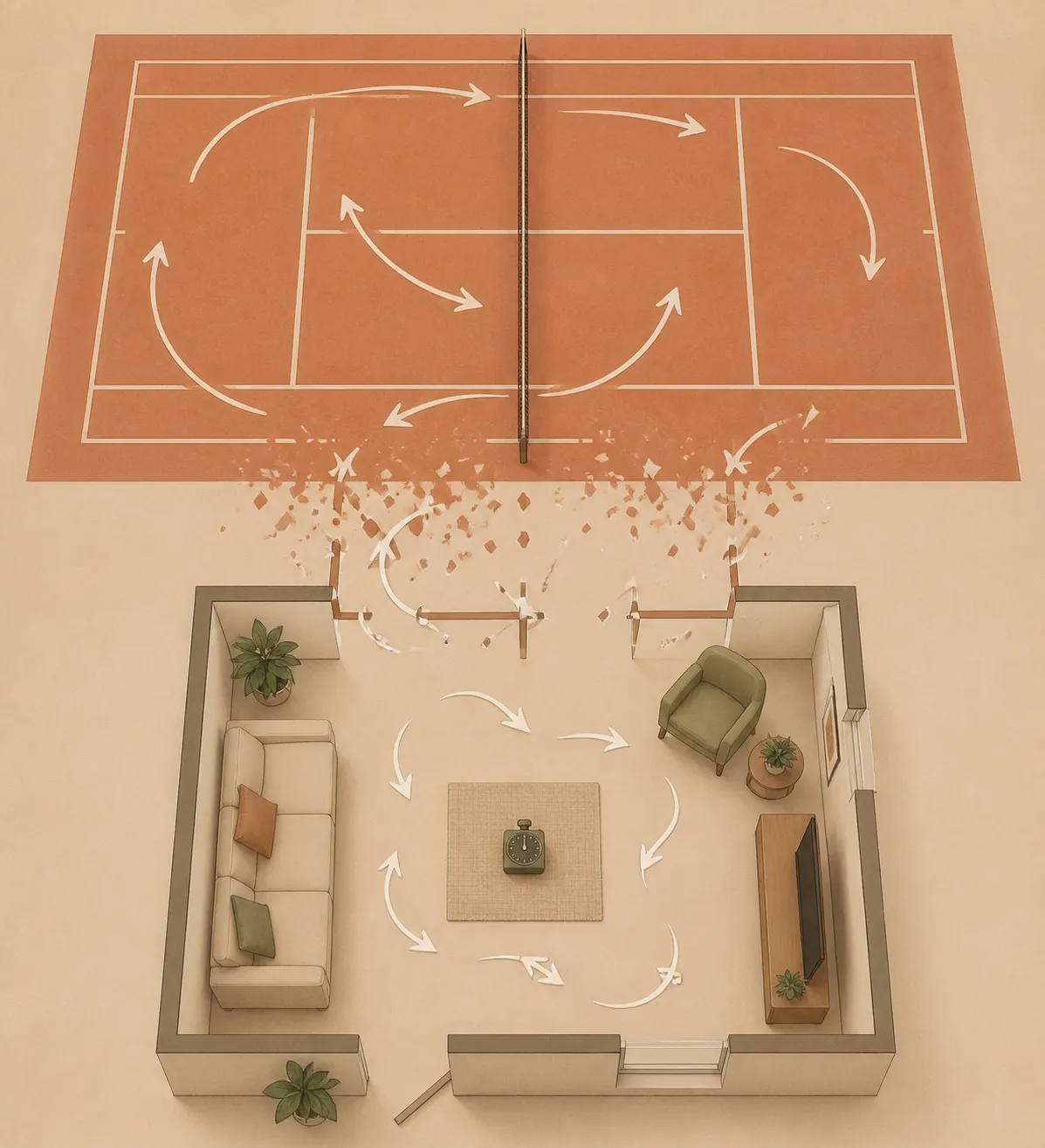 Illustration of tennis court direction-change arrows dissolving into a small living room workout layout