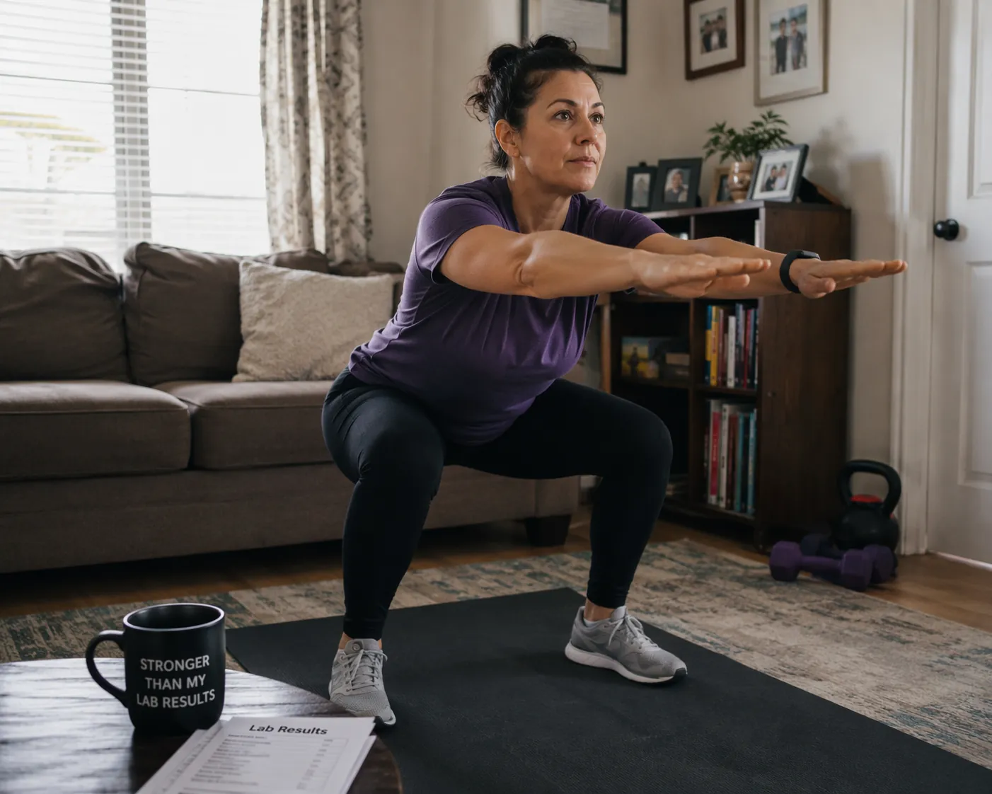 A person doing a bodyweight squat on a yoga mat in a modest home living room