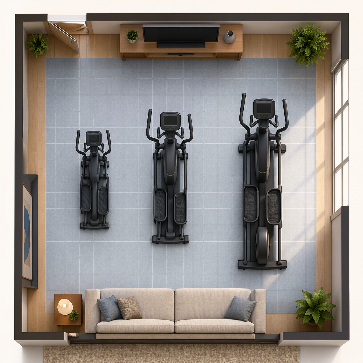 Top-down apartment floor plan comparing compact, medium, and larger elliptical footprints