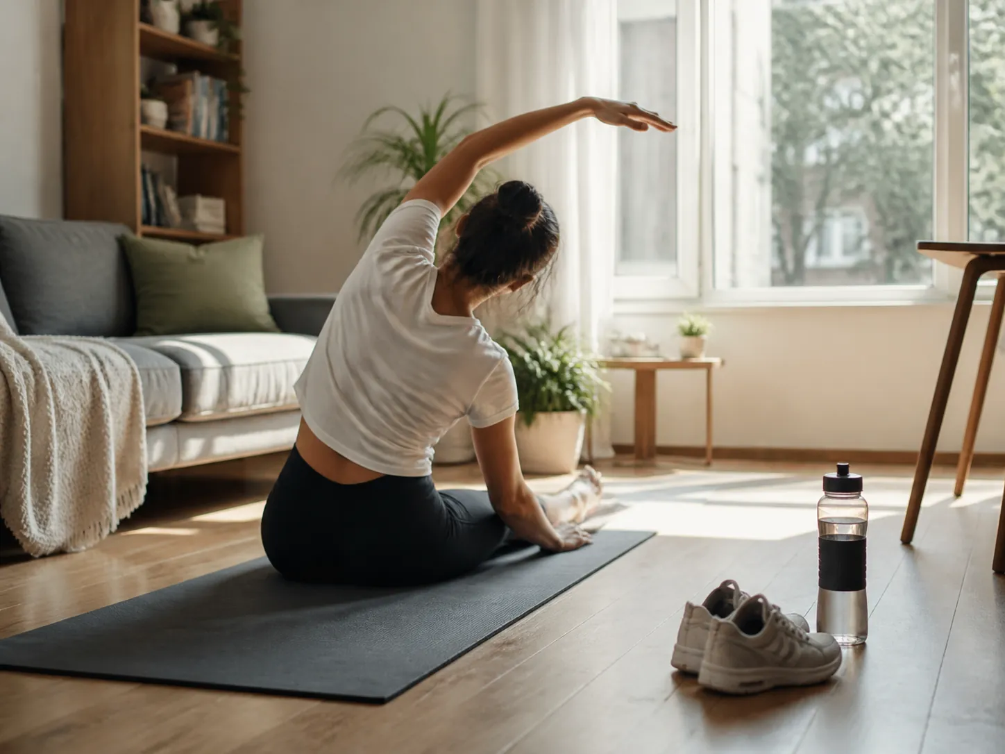 Person stretching on a mat in a compact apartment living room with sneakers and a water bottle nearby