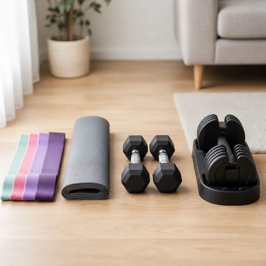Three home equipment tiers on a living-room floor: resistance bands and a mat, dumbbells, and compact adjustable dumbbells
