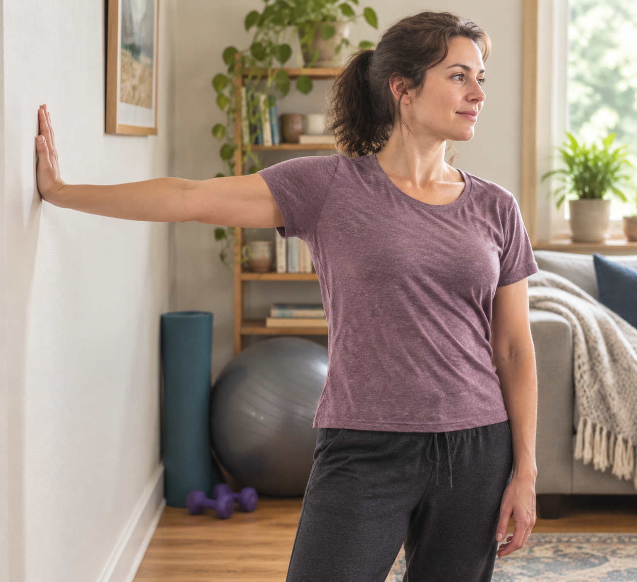 Person gently stretching the biceps at home with one palm against a wall