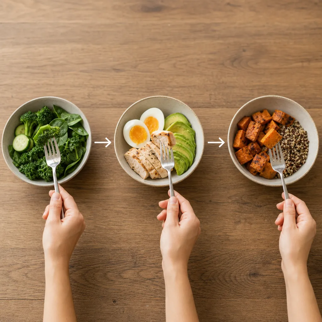 Three-step meal sequence showing vegetables first, protein and fat second, and carbohydrates last
