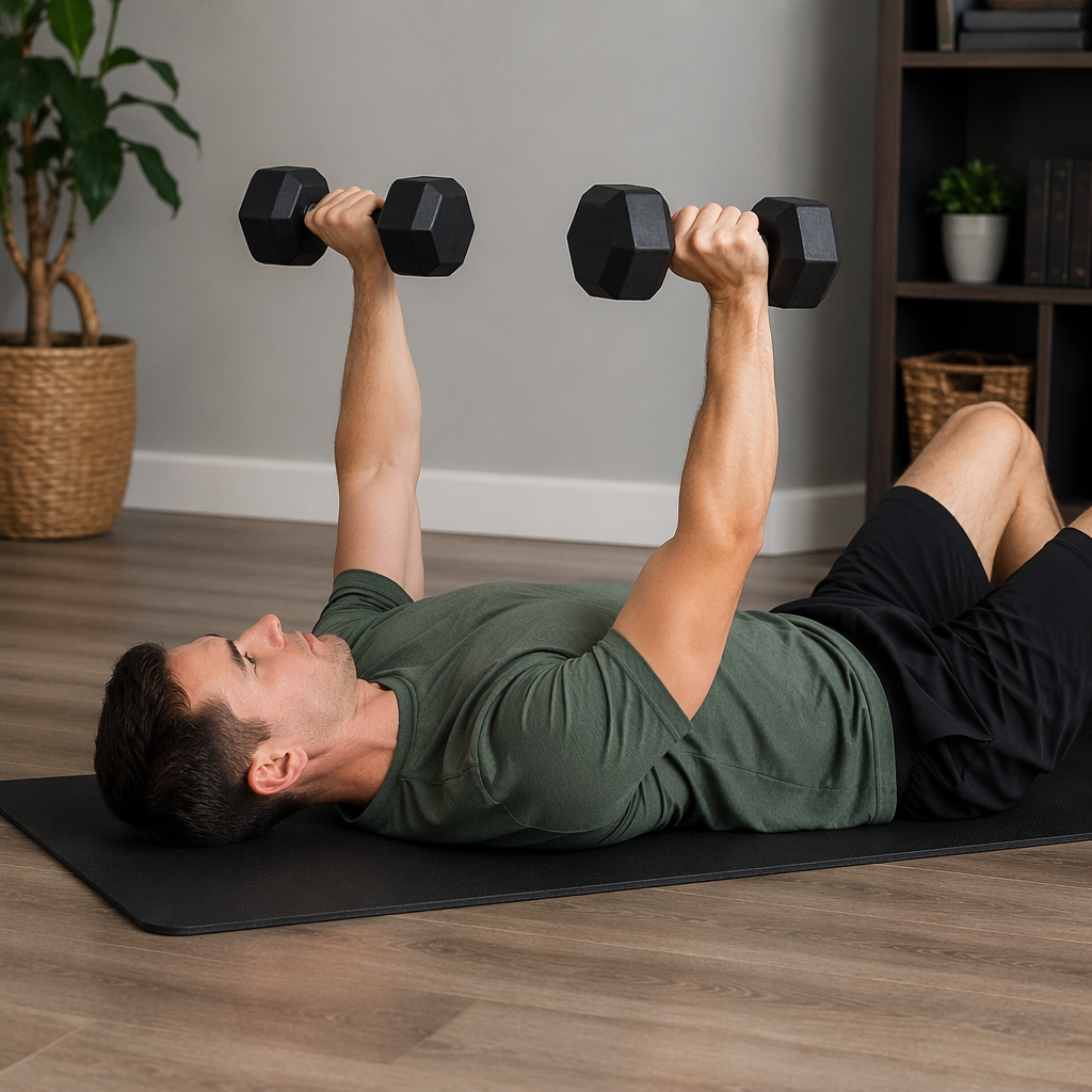 Person performing a dumbbell floor press on a mat at home
