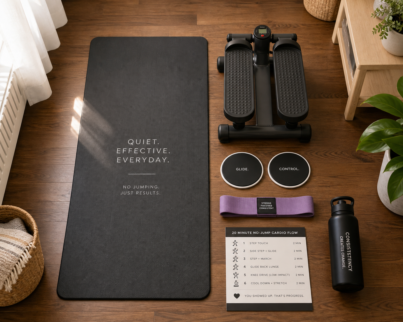 Top-down flat lay of quiet home cardio equipment on hardwood floor: small round slider discs, a resistance band loop, and a compact mini stepper, arranged neatly next to a yoga mat.
