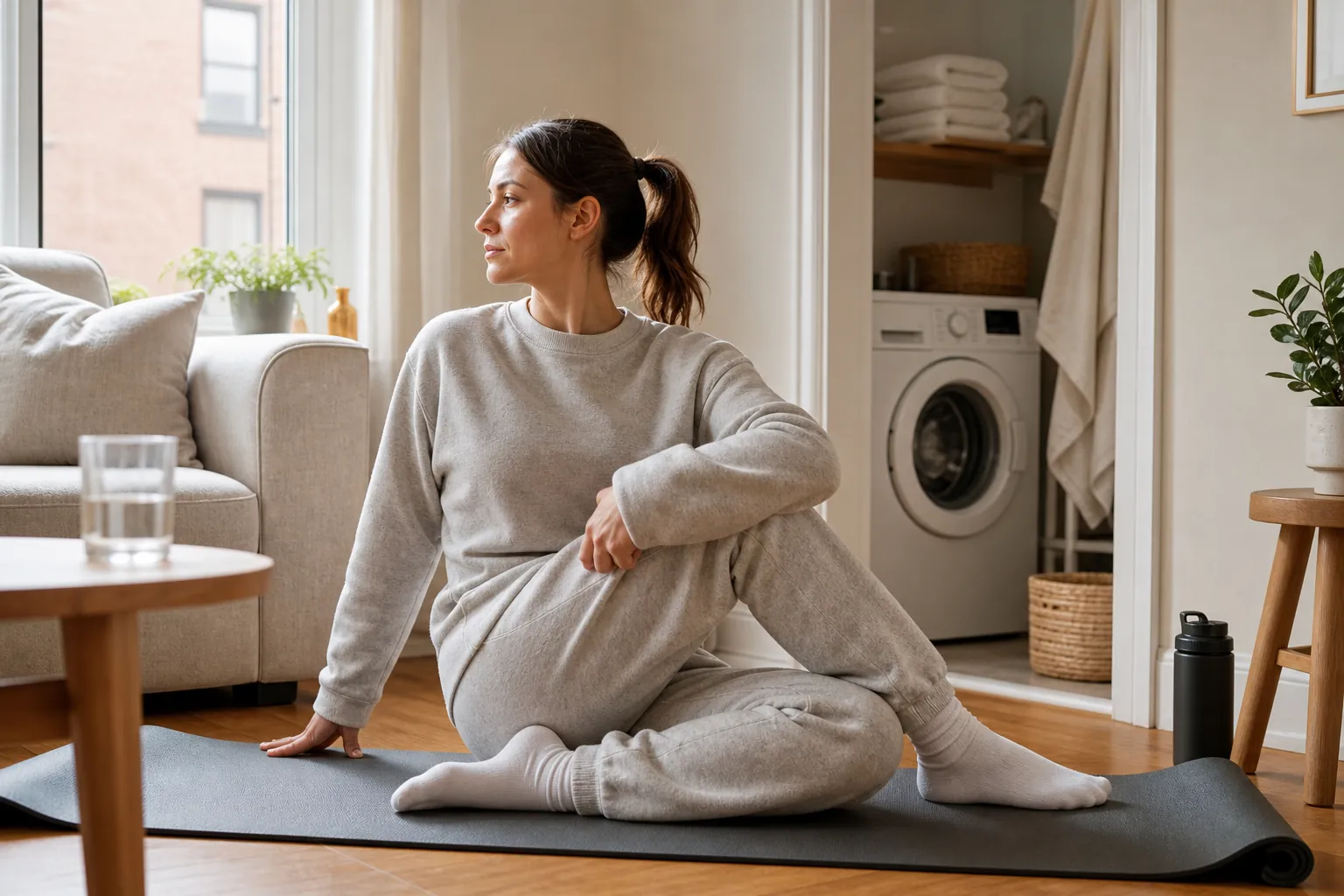 Woman in a fleece crewneck and matching joggers stretching on a yoga mat in a small apartment