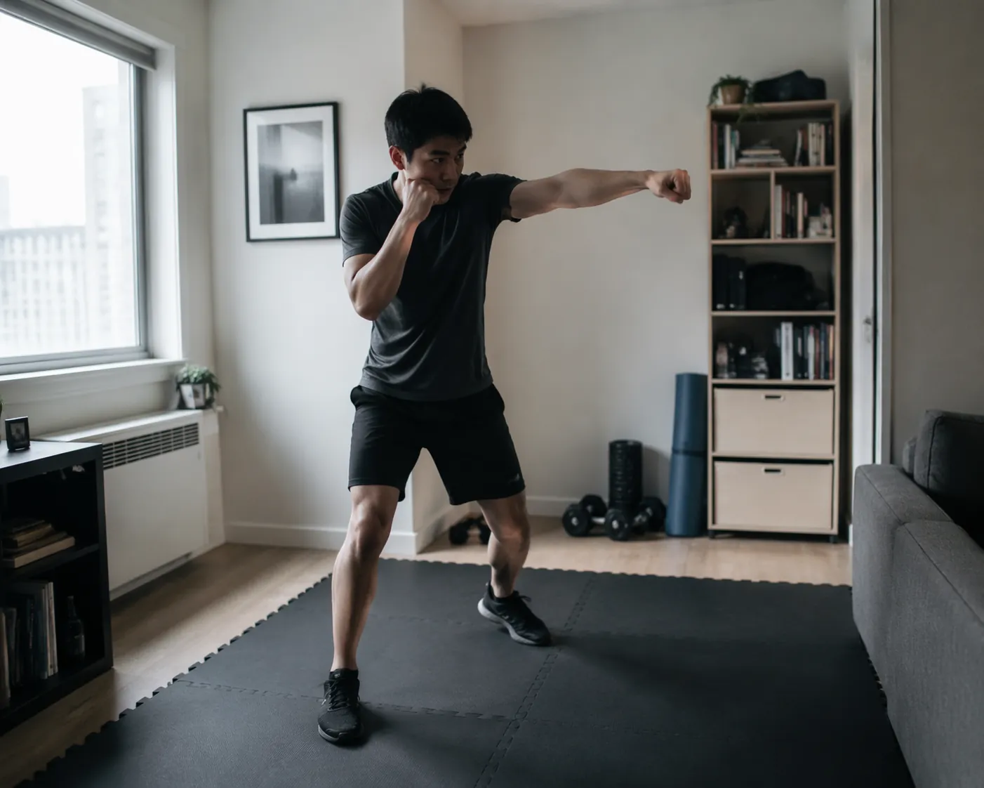 Person shadow boxing on foam mats in a small apartment corner