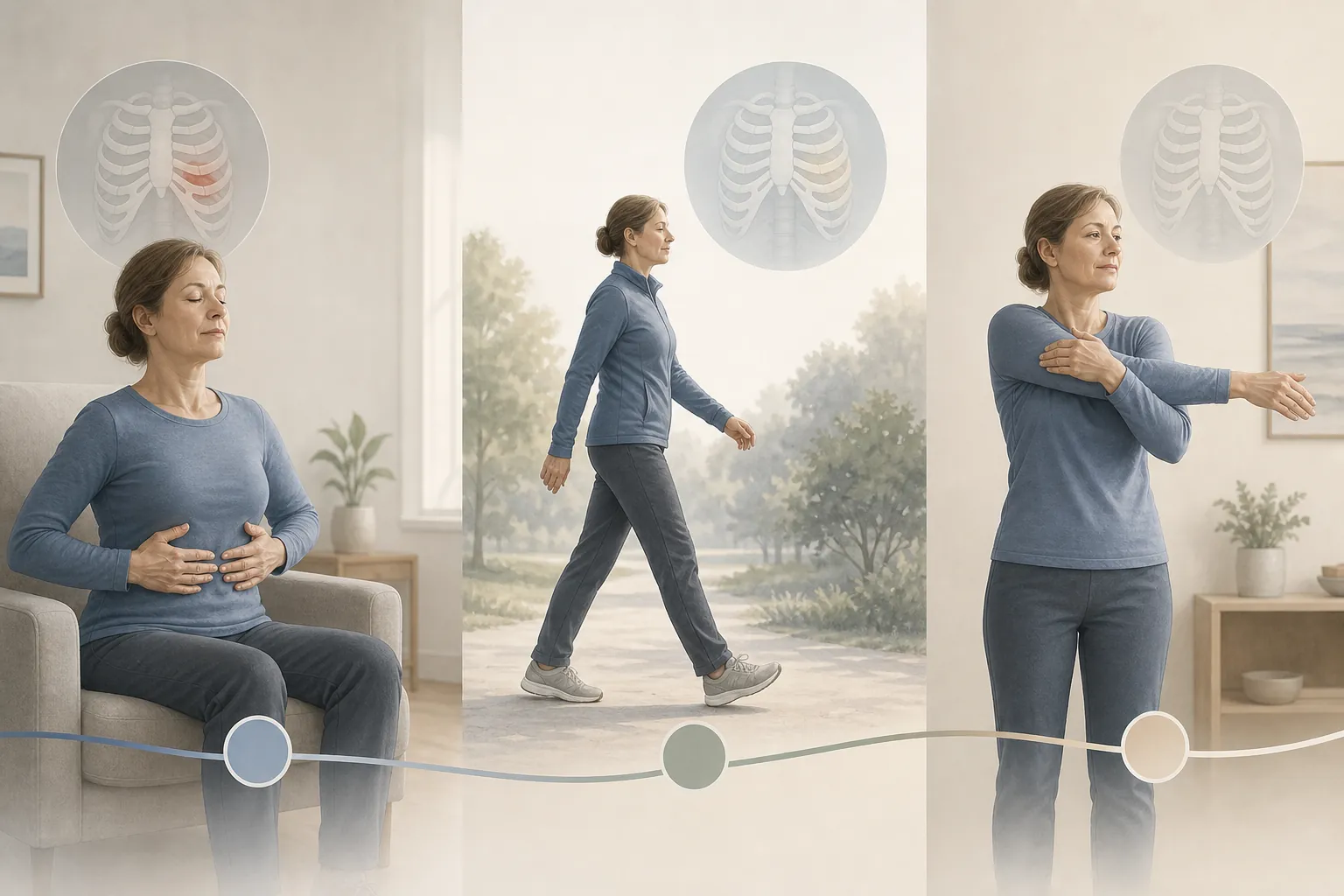 Three phases of rib fracture recovery: breathing, gentle walking, and cautious upper-body movement