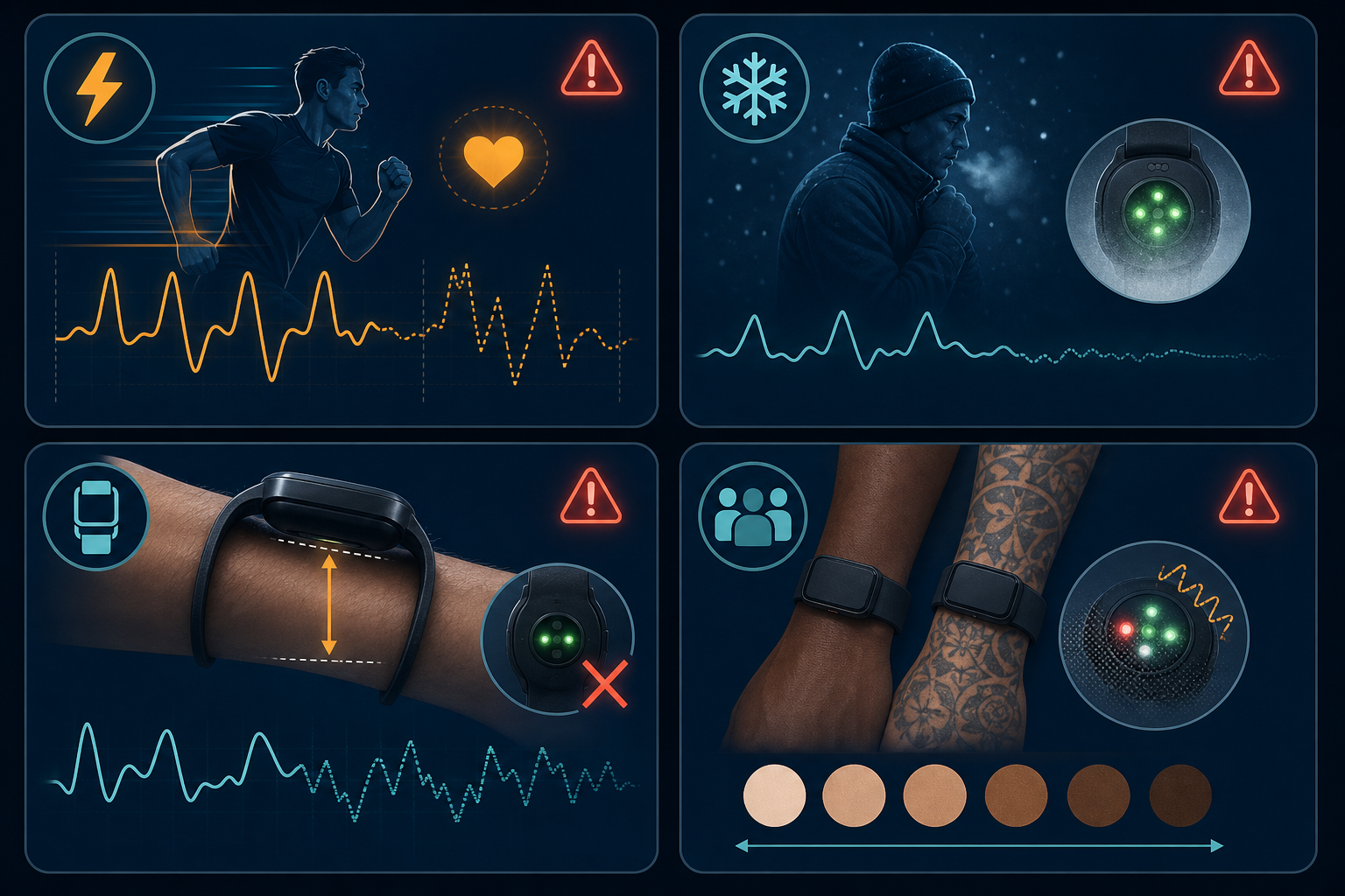 Four-panel grid infographic showing scenarios: HIIT with a broken heart rate line, cold weather with a faded sensor icon, loose fit with an X mark, and dark skin/tattoos with a struggling sensor, each with a red warning indicator.