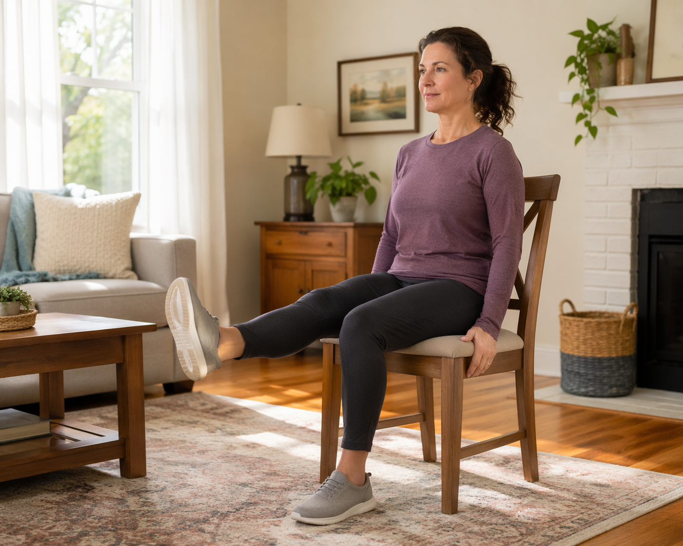 Person seated on a wooden chair doing a slow controlled knee extension at home