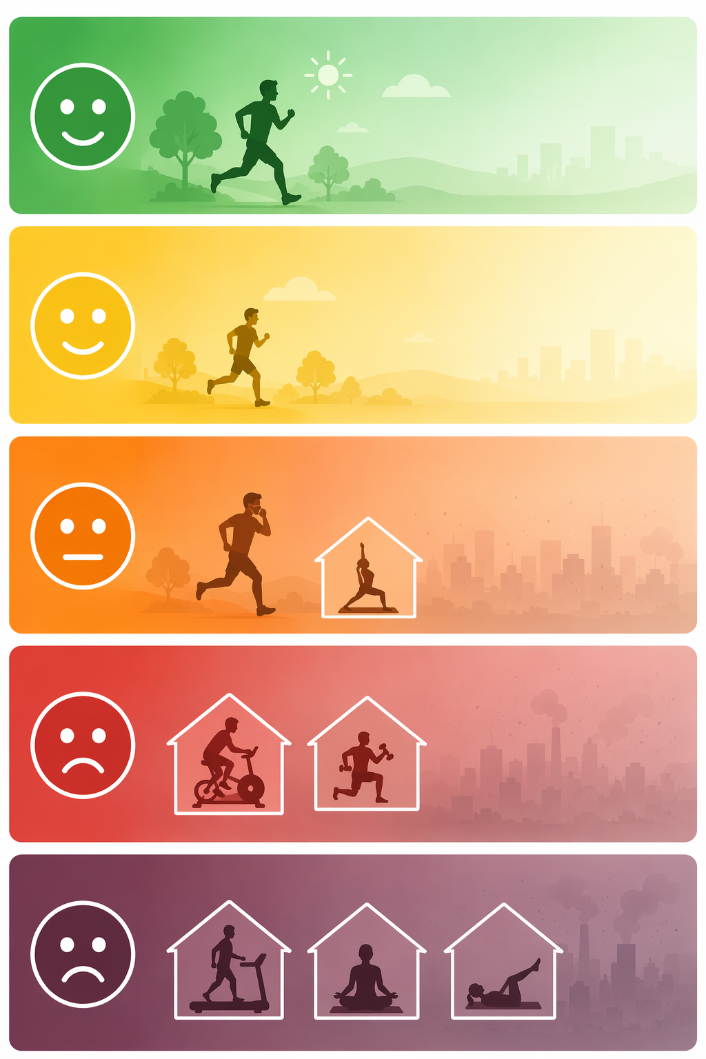 AQI color bands showing when outdoor exercise is recommended, conditional, or replaced indoors