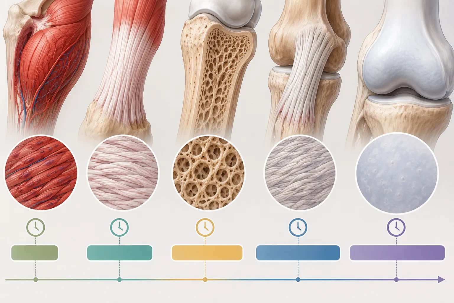 Five tissue textures paired with healing timeline bars from muscle to cartilage
