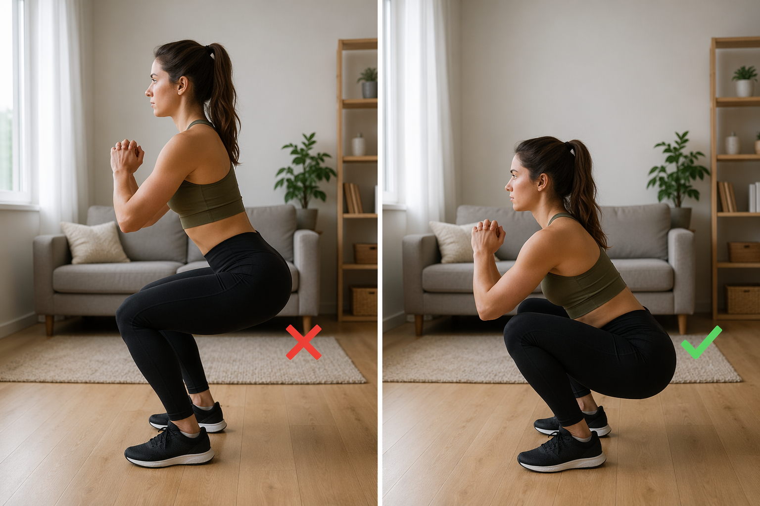 Side-by-side comparison: left side shows a partial squat with thighs at roughly 90 degrees, right side shows a full-depth squat with hips below knee level. Both in a home living room.