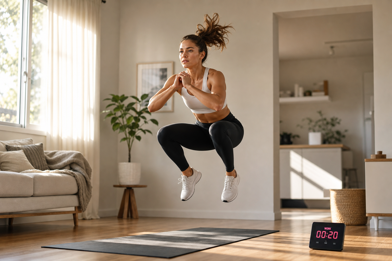 A person mid-jump squat on a yoga mat in a sunlit living room with a digital interval timer on the floor, emphasizing home-based HIIT training.