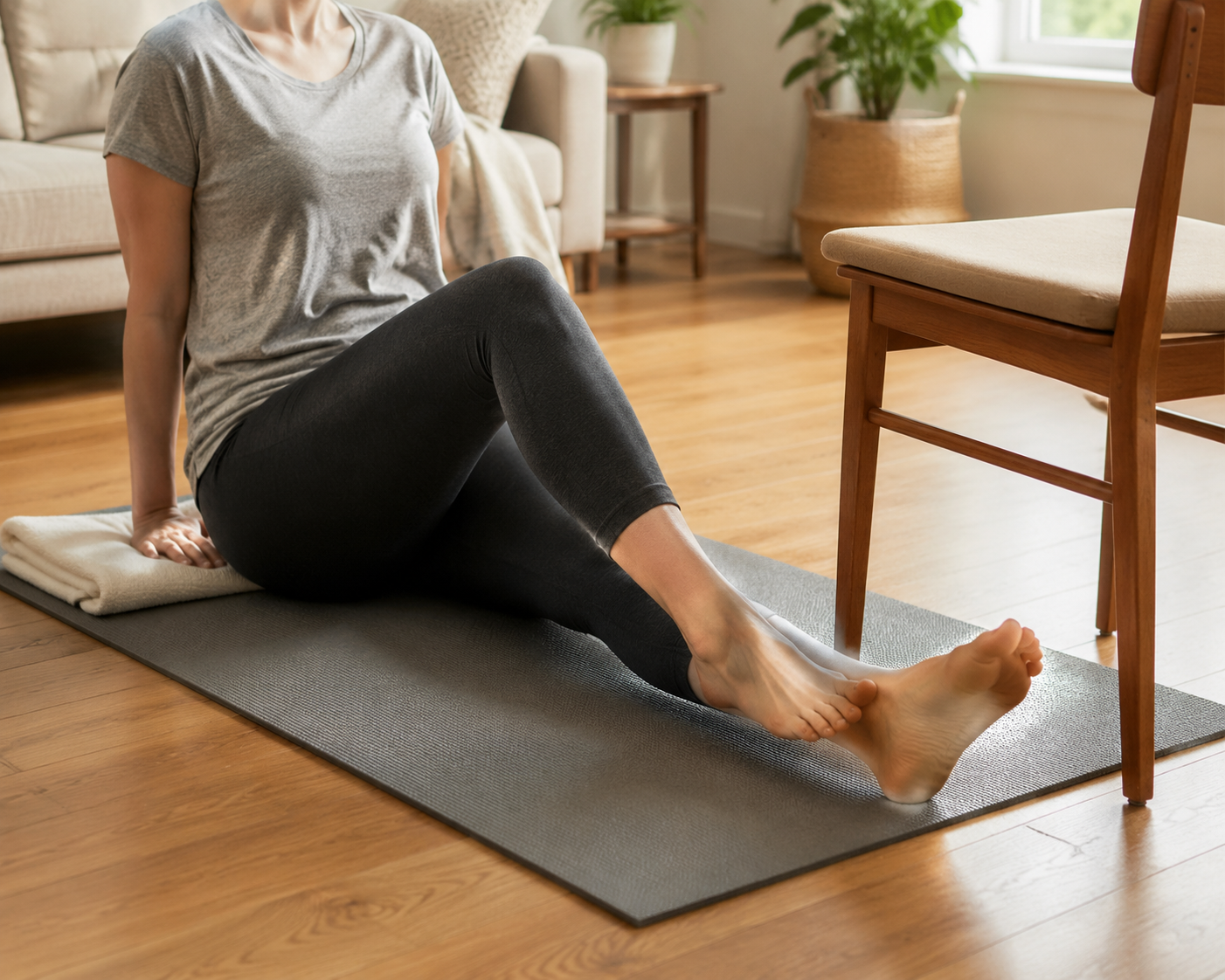 Person on a living room mat gently extending one leg with a chair nearby