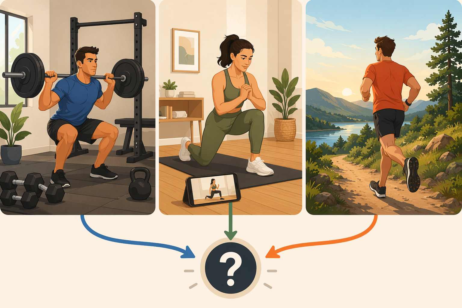 Three workout styles converging toward a decision point: strength training, guided video workouts, and outdoor running
