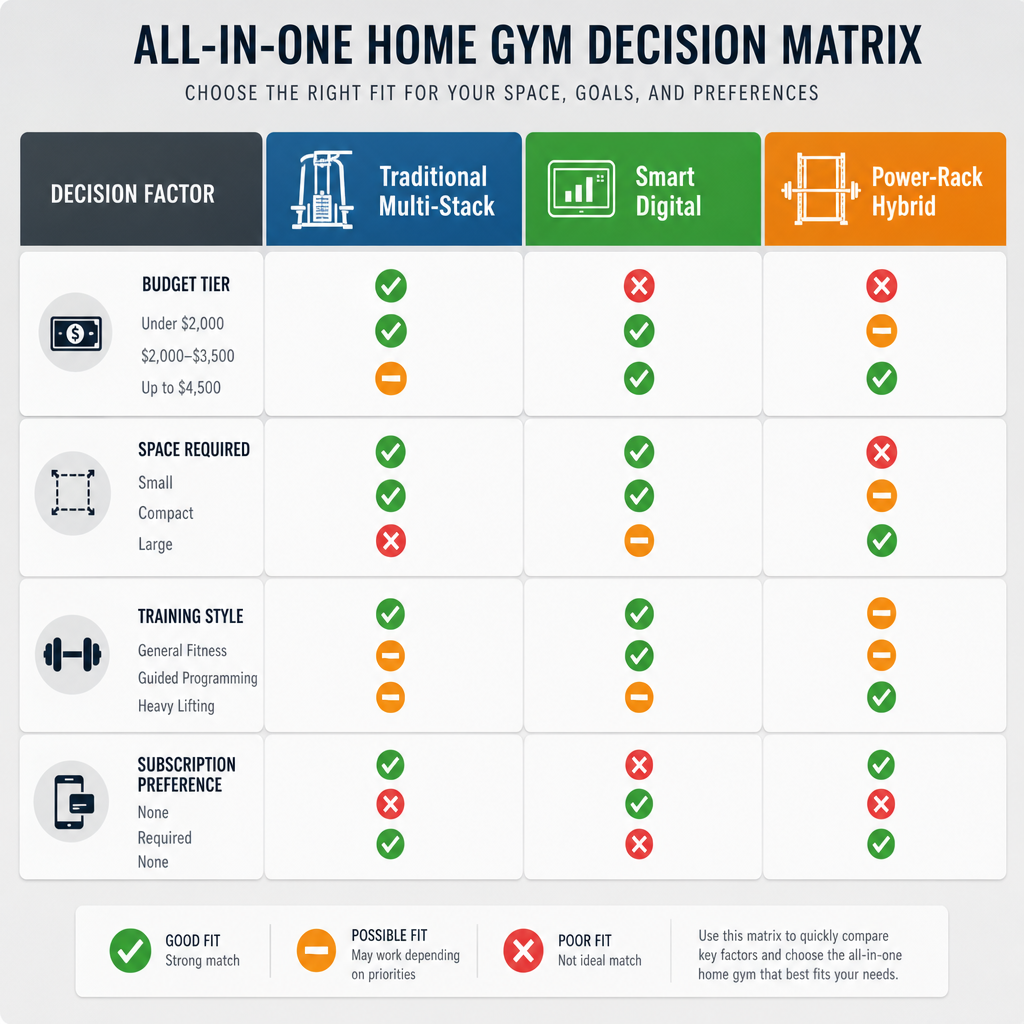 Editorial decision matrix infographic with three columns for Traditional Multi-Stack, Smart Digital, and Power-Rack Hybrid categories. Rows show Budget tier, Space required, Training style, and Subscription preference using simple checkmark and icon indicators in color-coded cells.