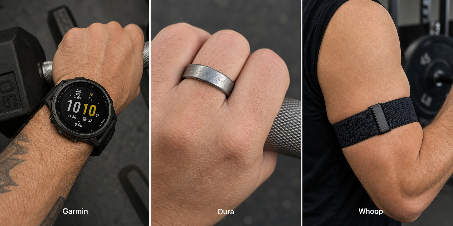 Three panels showing each wearable during weightlifting: Garmin Forerunner 265 watch on wrist gripping dumbbell, Oura Ring 4 on finger gripping barbell with scratches visible, Whoop 5.0 band on bicep during lifting. Each panel labeled.