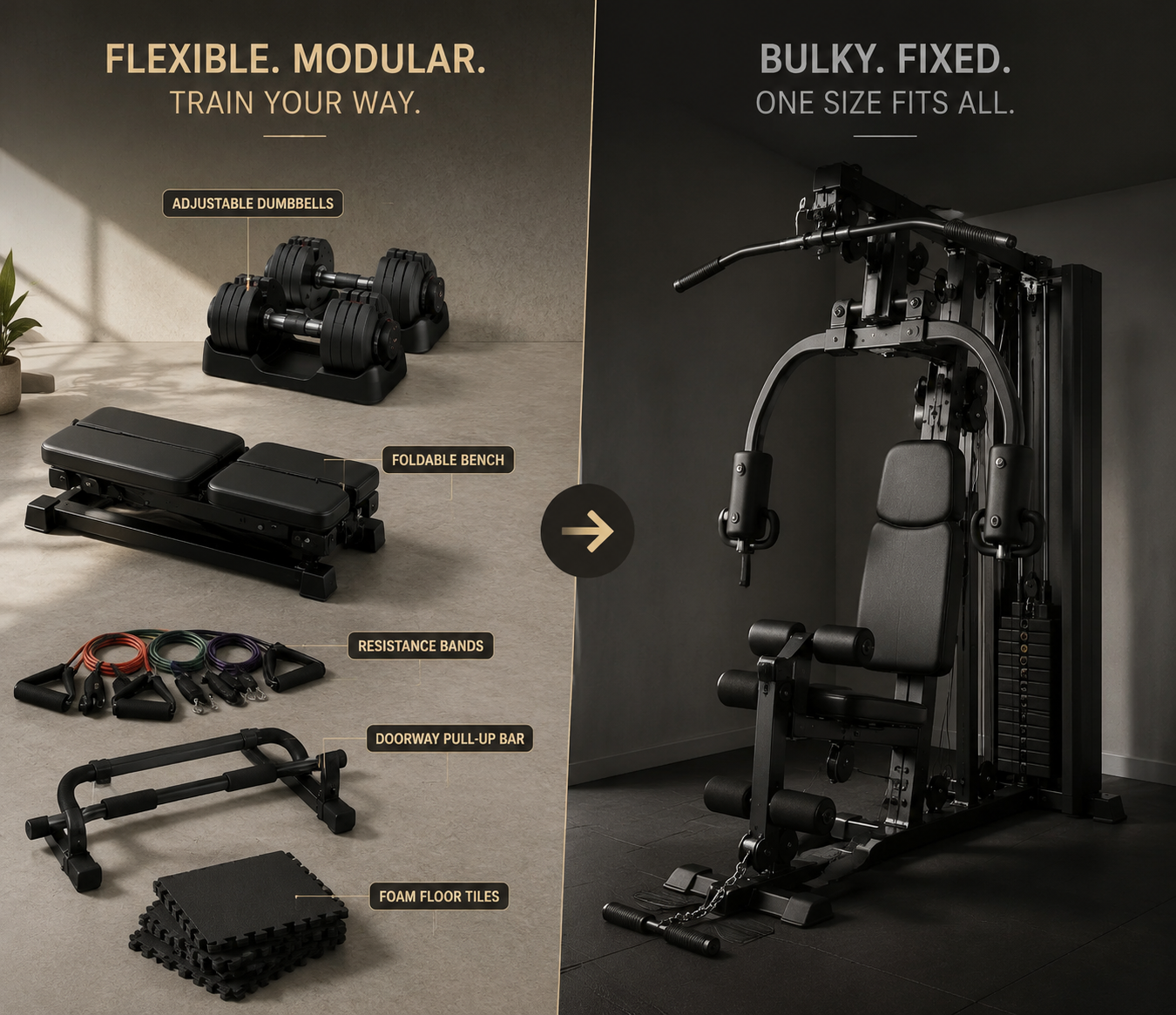 A split-screen comparison of modular compact gym equipment beside a single all-in-one home gym machine