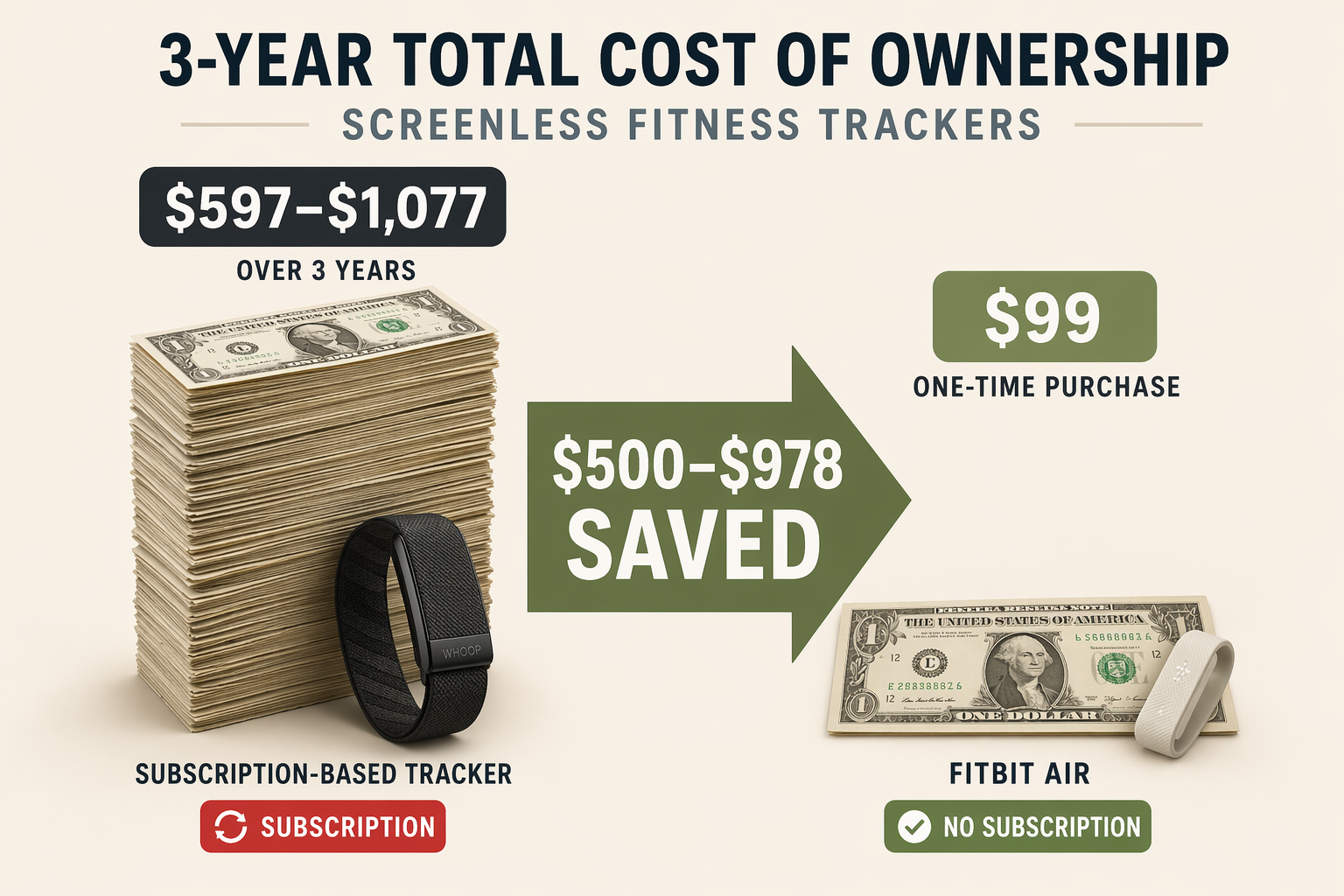 Infographic comparing 3-year costs: a tall stack of dollar bills representing $597-$1077 for a subscription tracker vs. a single $99 bill for a no-subscription tracker, with a savings callout of $500-$978.