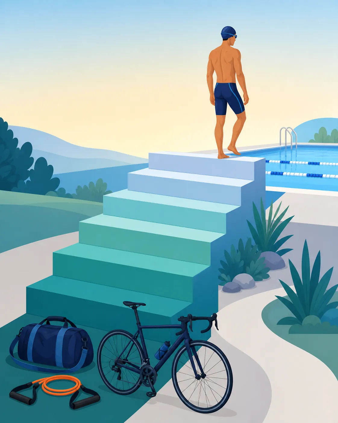 Steps leading from land-training gear toward a blue pool lane for a gradual return to swimming