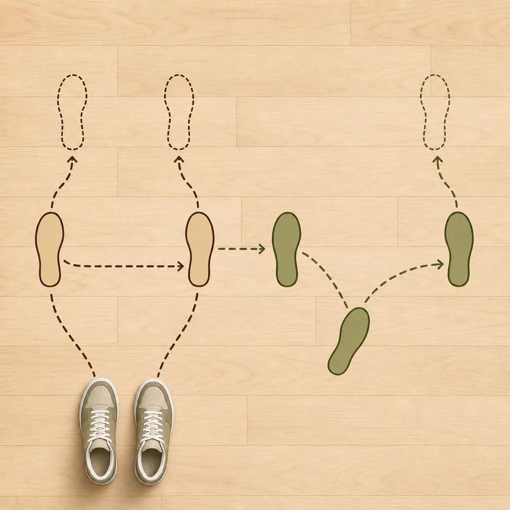Top-down beginner footwork diagram showing step-touch and grapevine patterns