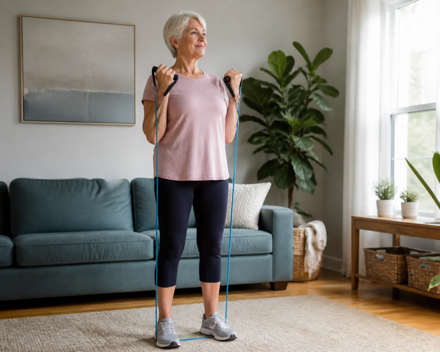 Older adult doing resistance band strength training in a small living room