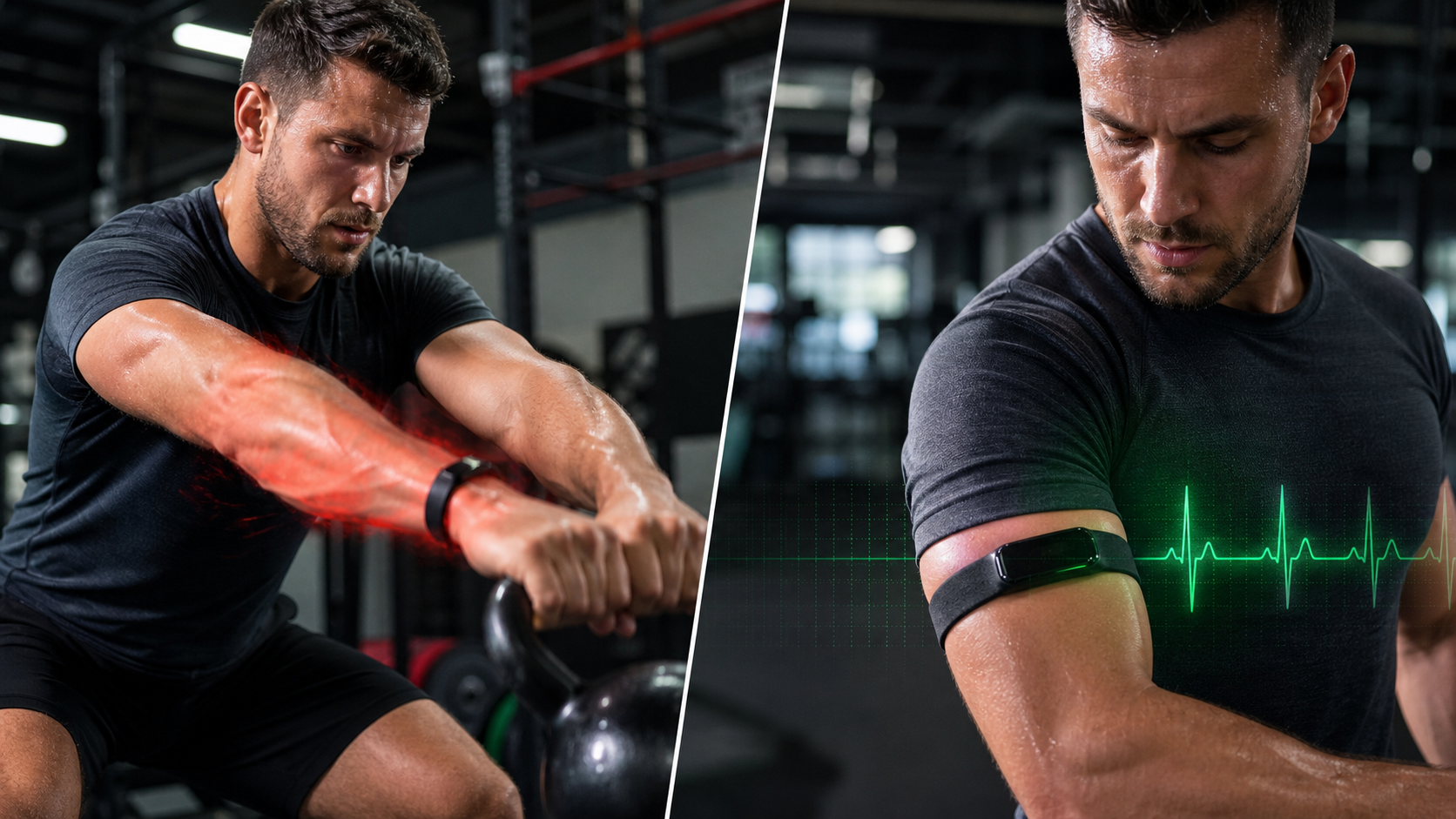 Split scene: left side shows a wrist during dynamic movement with motion blur and warm-toned distortion representing tracking degradation; right side shows the same arm with the tracker on the biceps via sleeve with steady green data overlays indicating accurate heart rate tracking.
