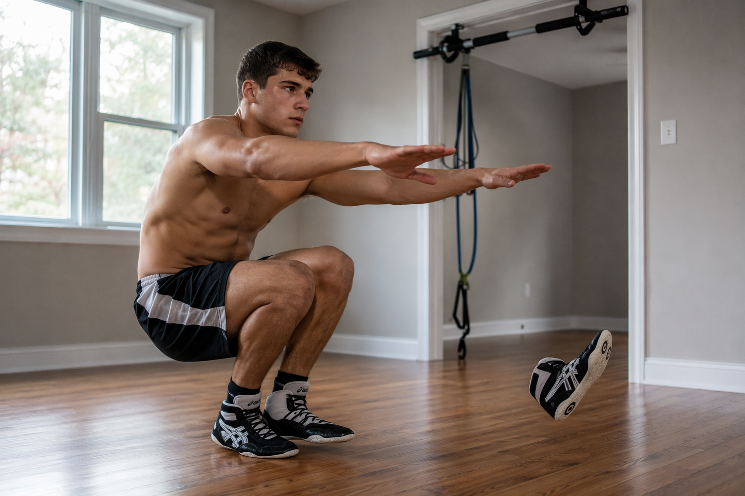 Wrestler performing a pistol squat in a home training space with a doorway pull-up bar in the background