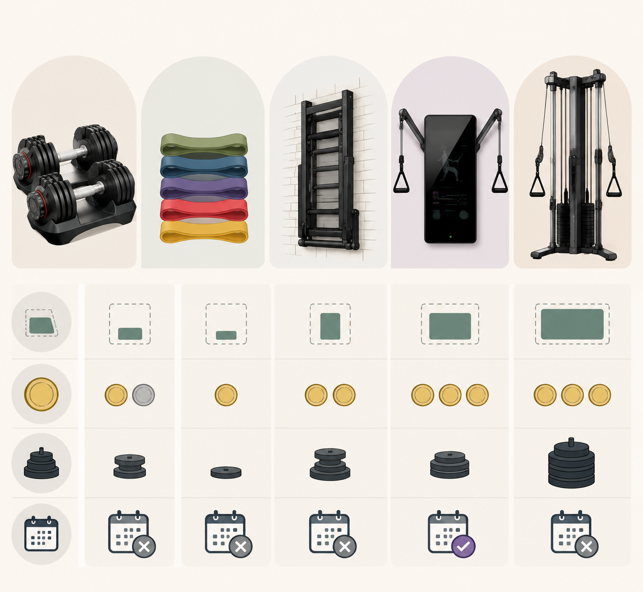 Visual comparison of five compact home gym equipment categories
