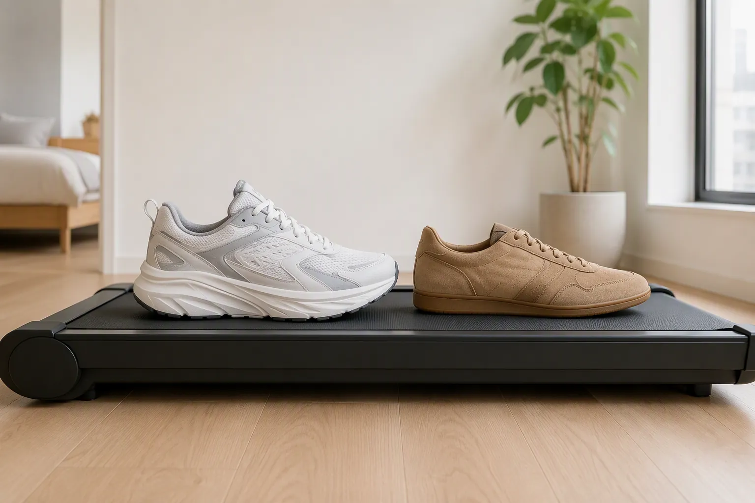 A thick-cushioned running-style sneaker and a slim retro lifestyle sneaker on a compact walking-pad treadmill in an apartment