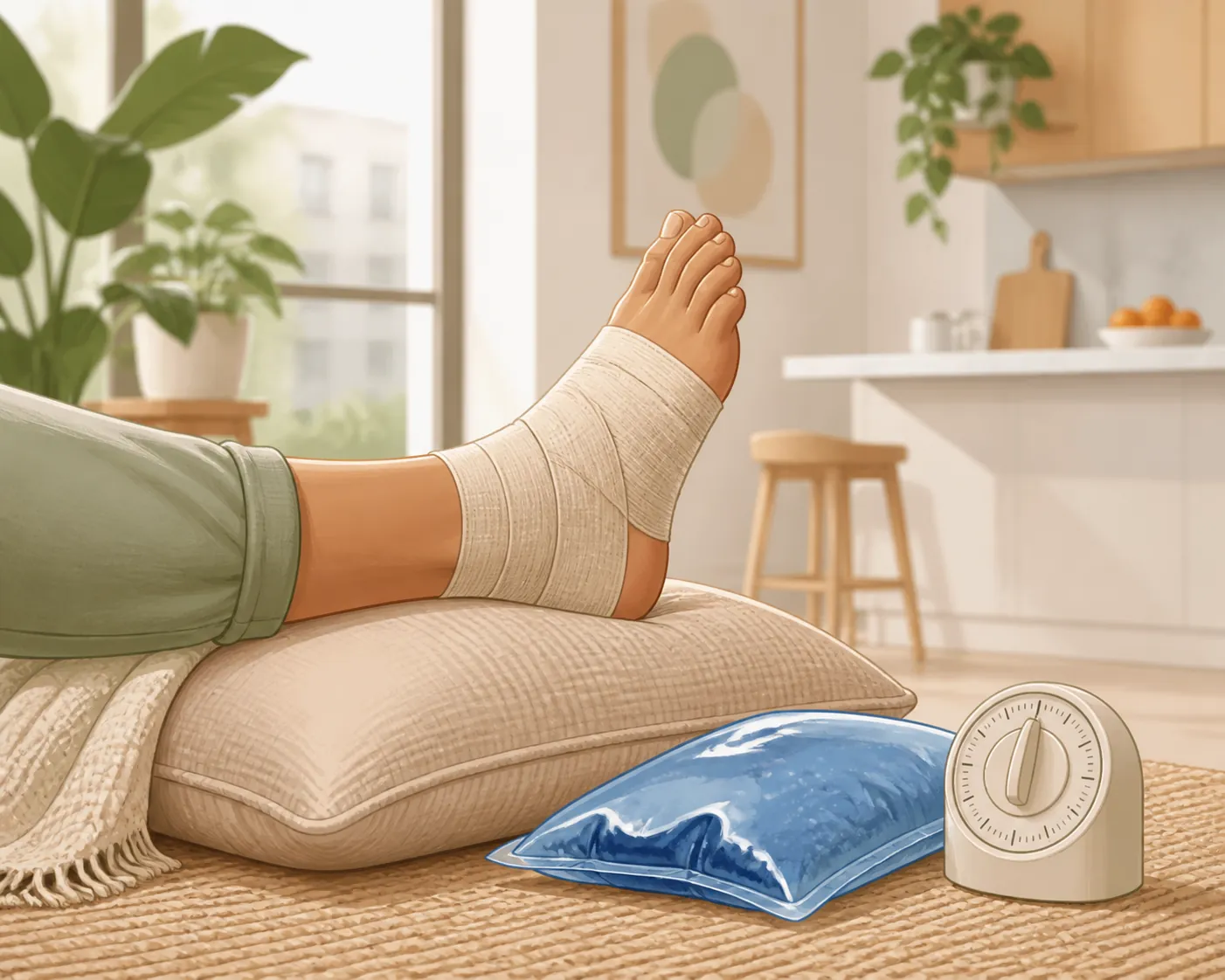 Wrapped ankle with an ice pack and kitchen timer showing cold therapy as a brief optional aid