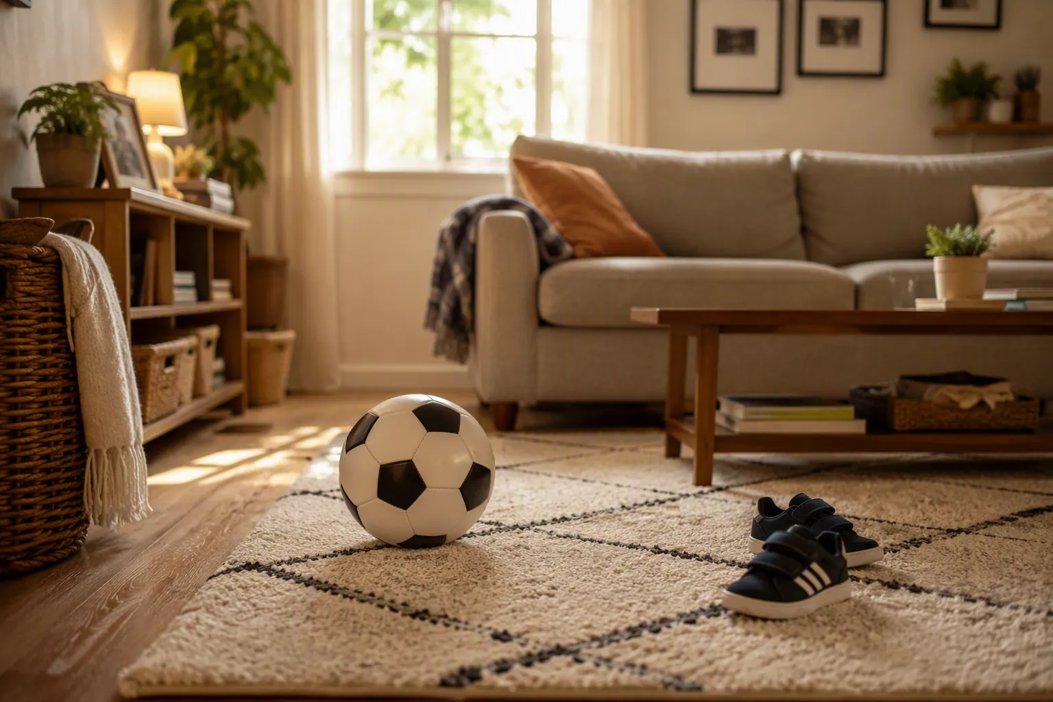 A child-friendly living room soccer practice space with a ball on a rug and small sneakers nearby