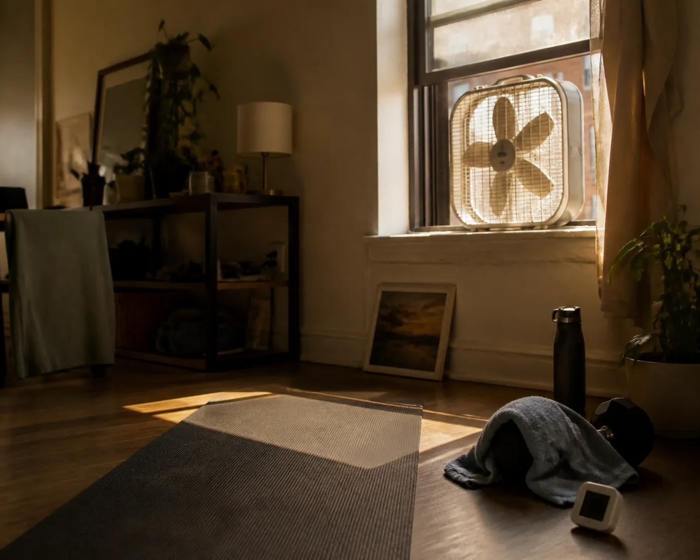 Small apartment workout corner with a mat, box fan, thermometer, and damp towel during a heat wave