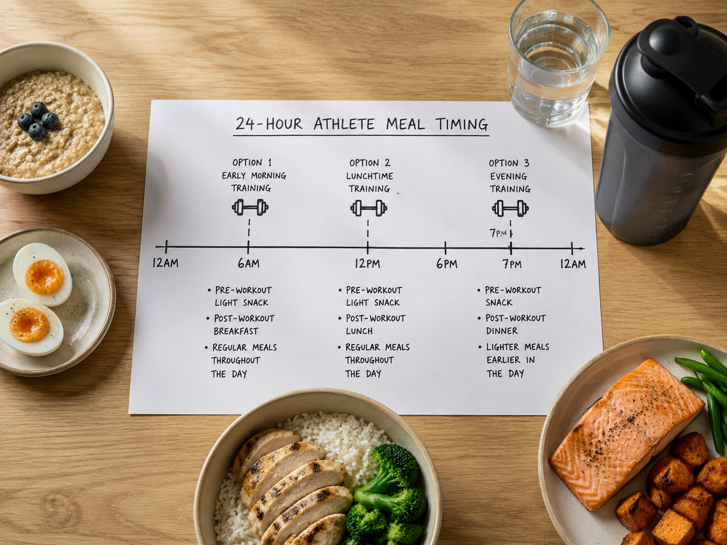 A hand-drawn daily timeline showing morning, lunch, and evening training windows with meals around them