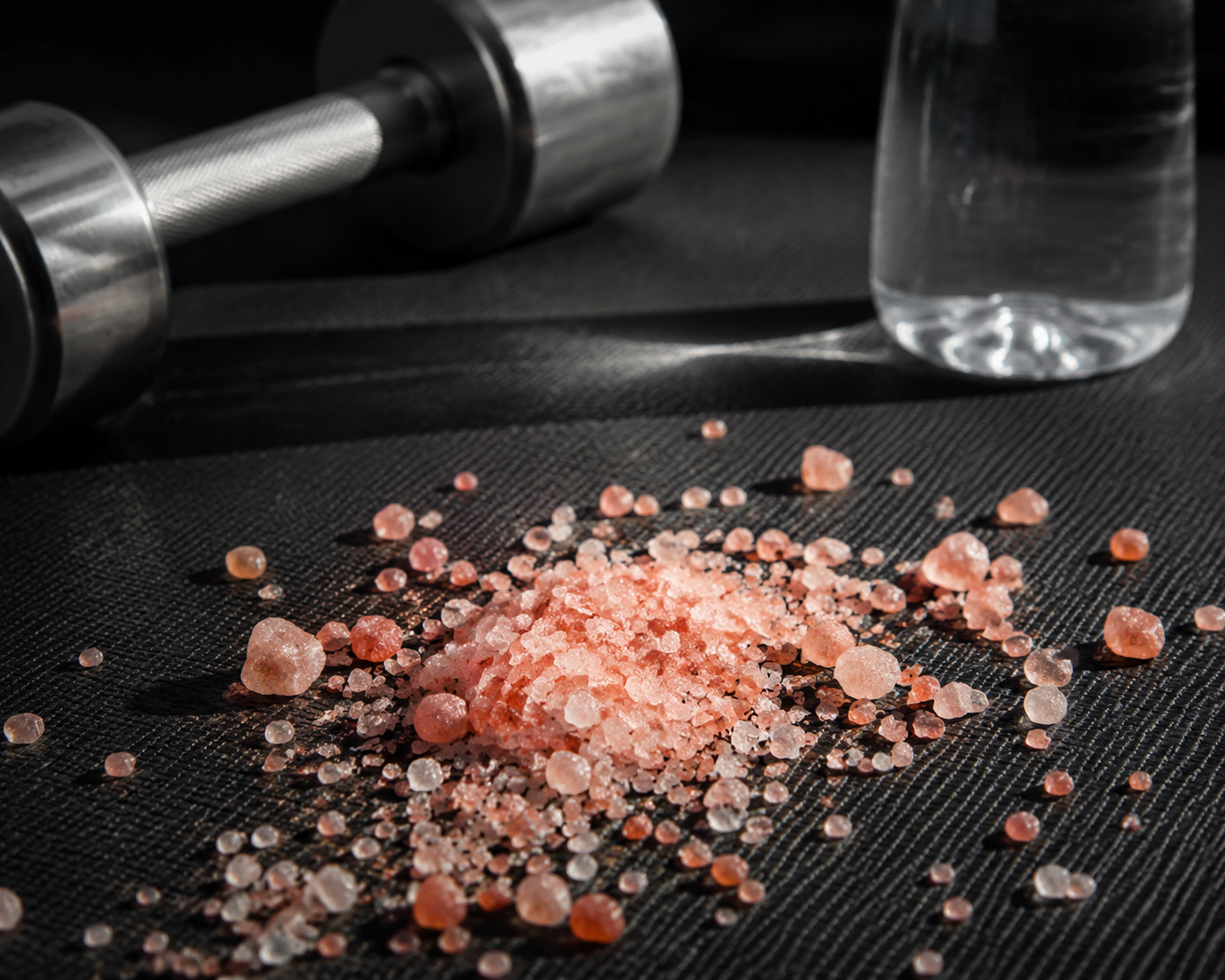 Pink Himalayan salt crystals on a dark gym mat with a dumbbell and water bottle in the background