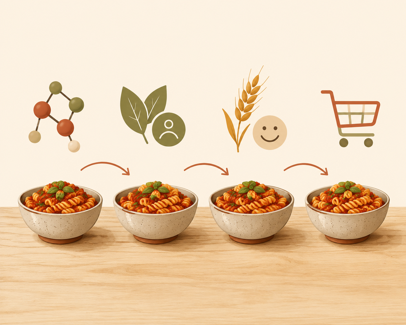 Four pasta bowls representing protein, fiber, texture, and value priorities