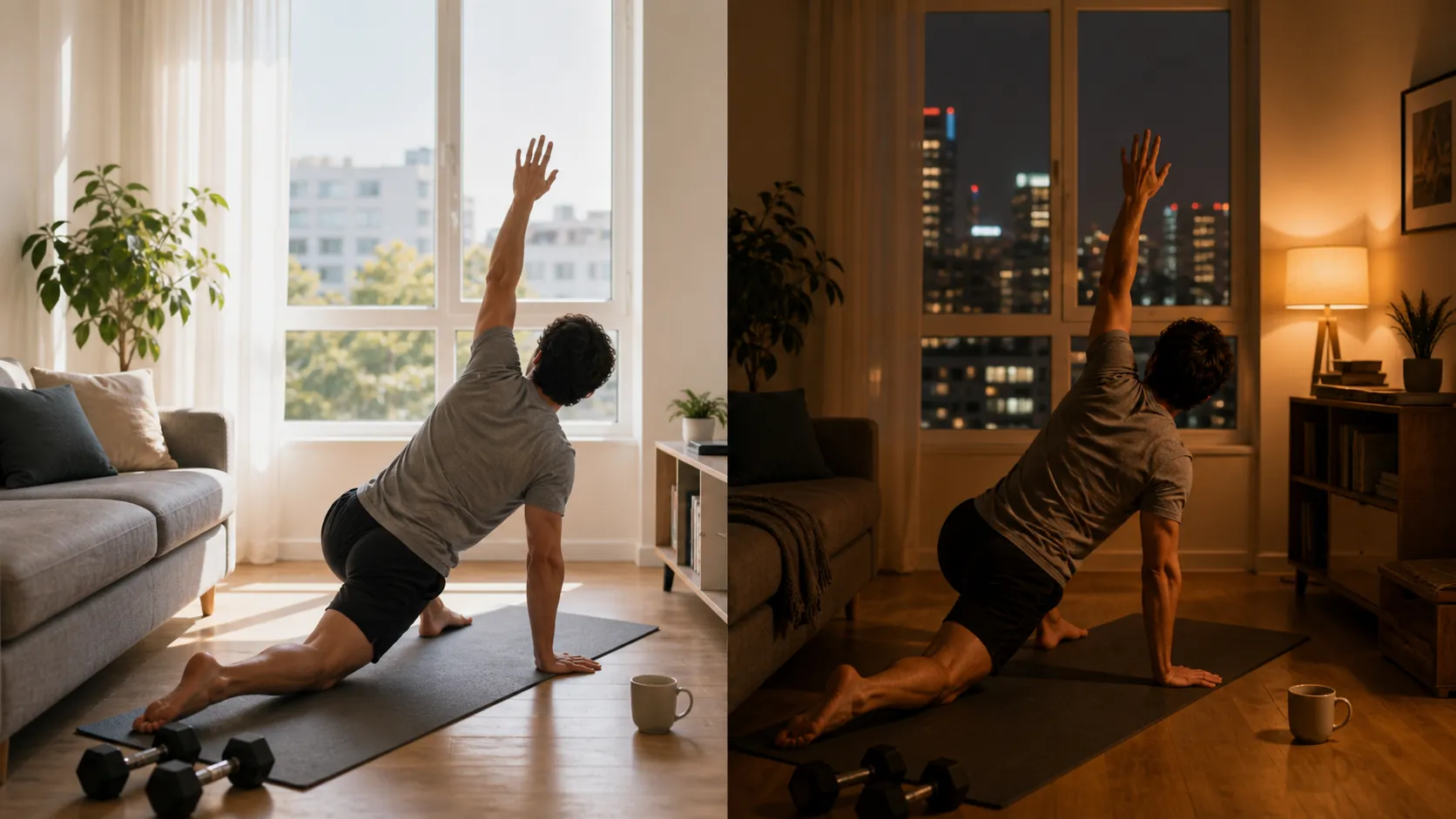 Split apartment workout scene showing morning and evening indoor training options