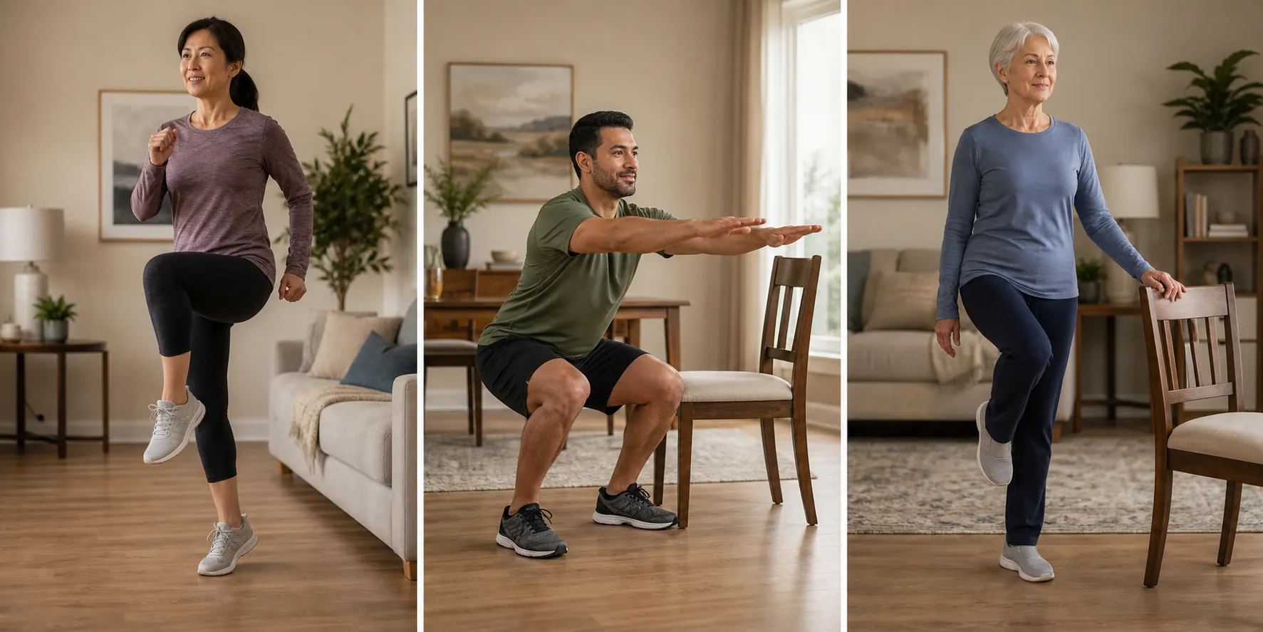 Three-panel living room sequence showing marching, chair squats, and chair-supported balance