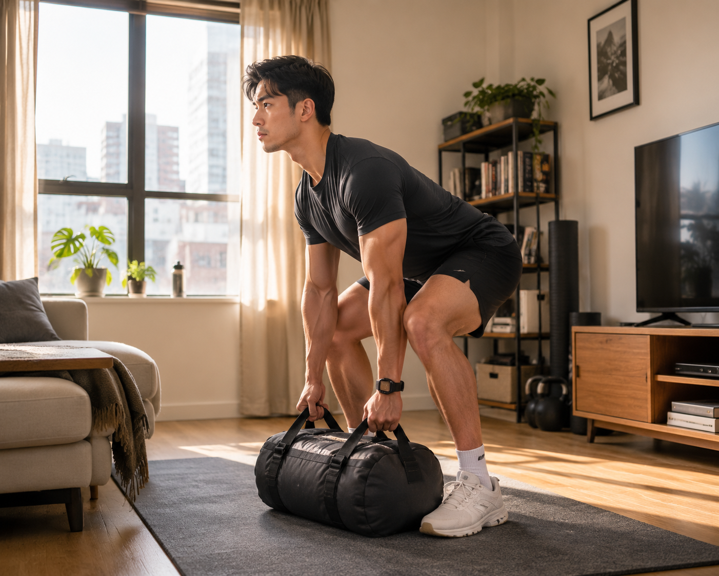 Person doing a sandbag deadlift in a small apartment living room