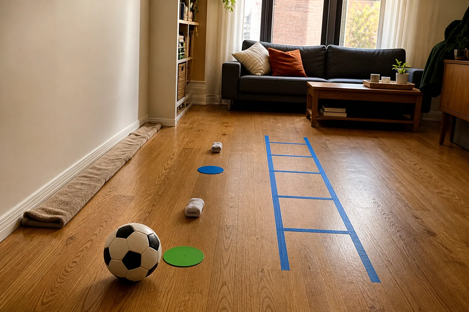 Small apartment living room arranged for an indoor kids' soccer session with a lower-bounce ball, flat markers, rolled socks, painter's-tape ladder, and protected baseboard