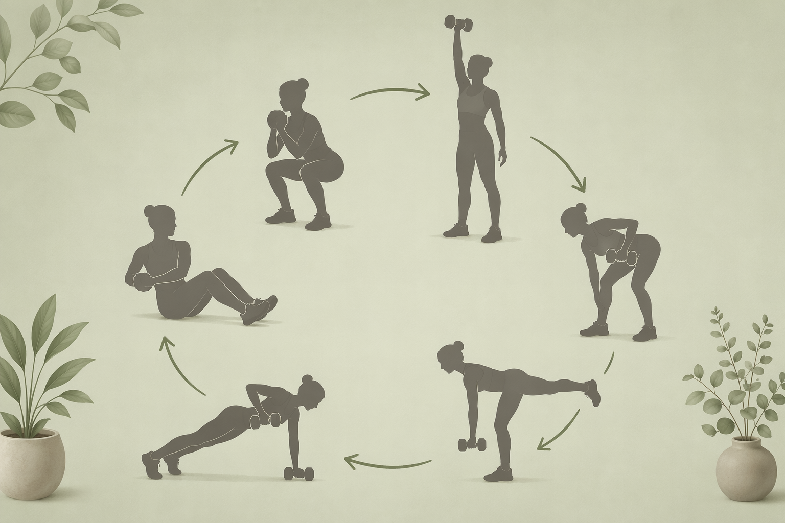 Six warm grey exercise silhouettes arranged in a circular flow pattern on a soft sage green background. Each silhouette demonstrates a single-dumbbell movement: goblet squat, single-arm overhead press, single-arm row, single-leg Romanian deadlift, plank row, and a core rotation.