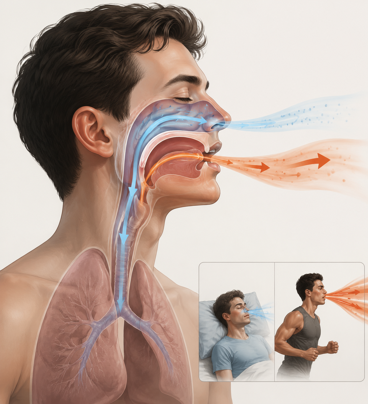 Diagram of lungs showing nasal filtration and mouth breathing during exercise