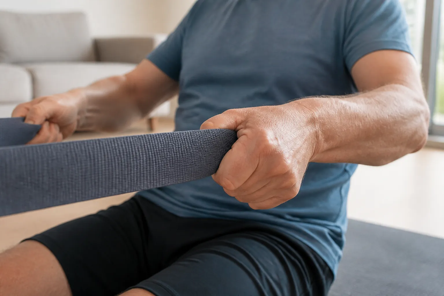 Close-up of hands holding a wide resistance band during a seated row at home