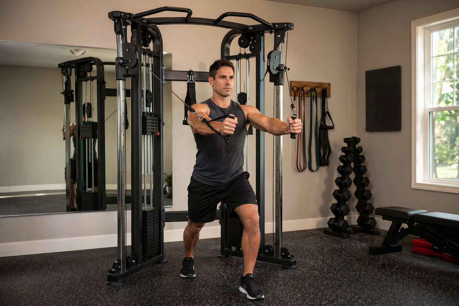 A person performing a cable chest fly on a dual-stack functional trainer in a home garage gym.