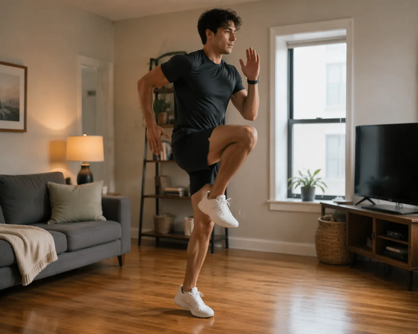 Person performing high-knee sprint drills in a cleared apartment living room