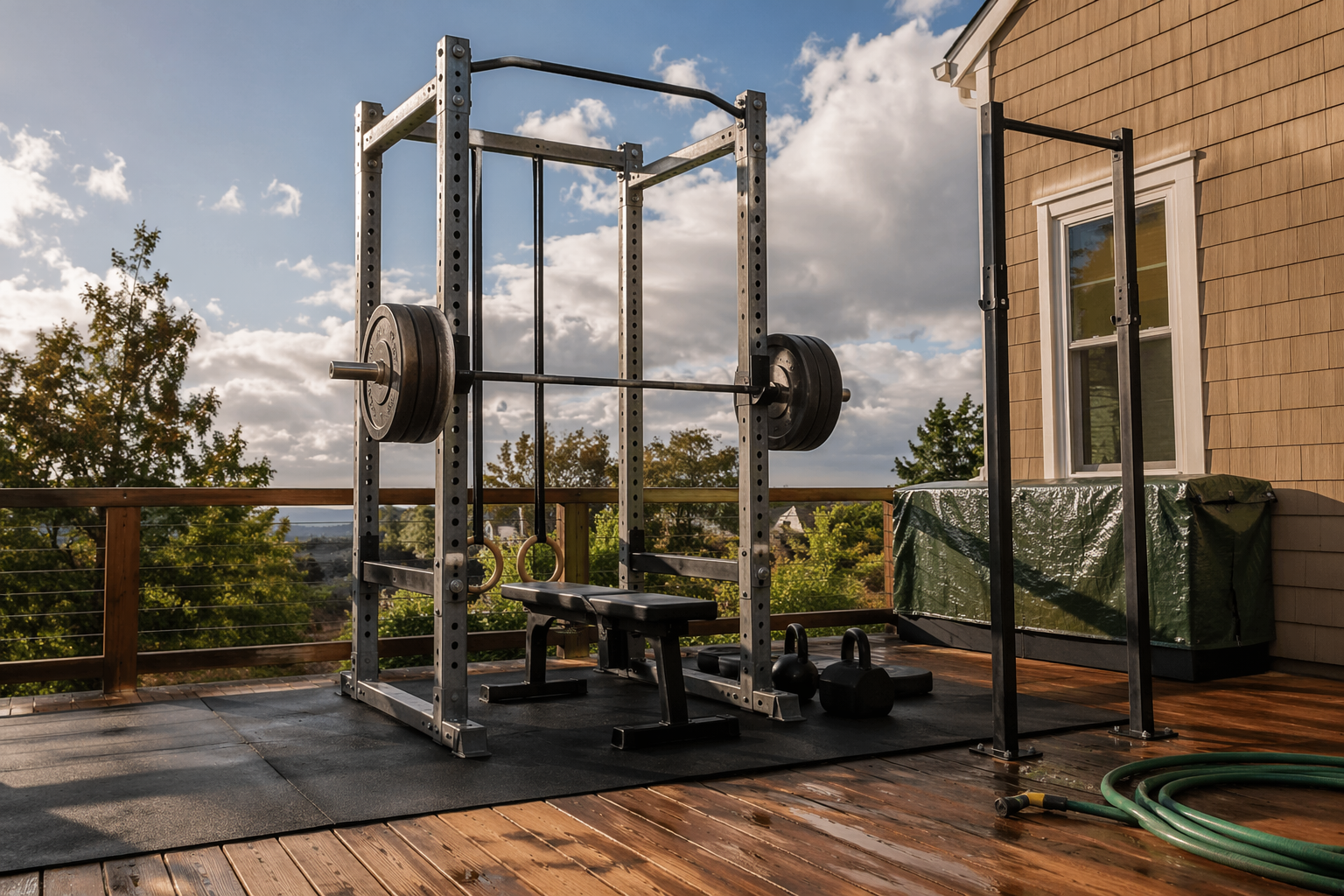 Backyard home gym on a wooden deck with a galvanized steel power rack, pull-up bar, rubber mats, and nearby storage