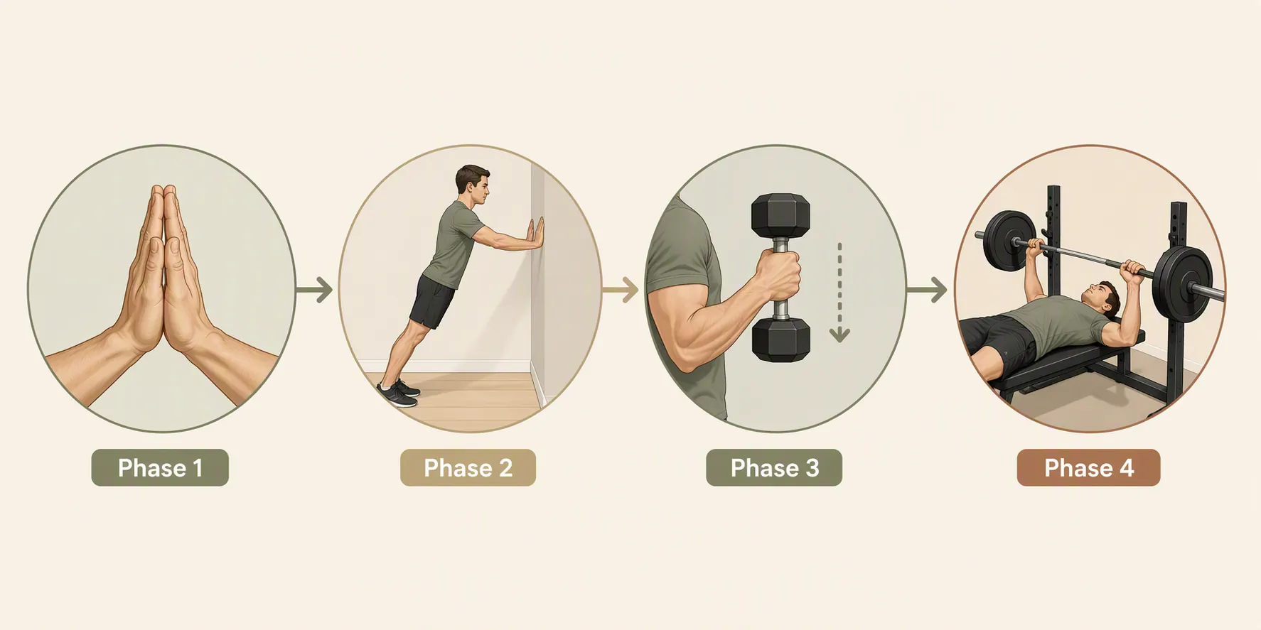 Four-phase pec rehab progression from isometrics to bodyweight loading, eccentric loading, and return to bench press