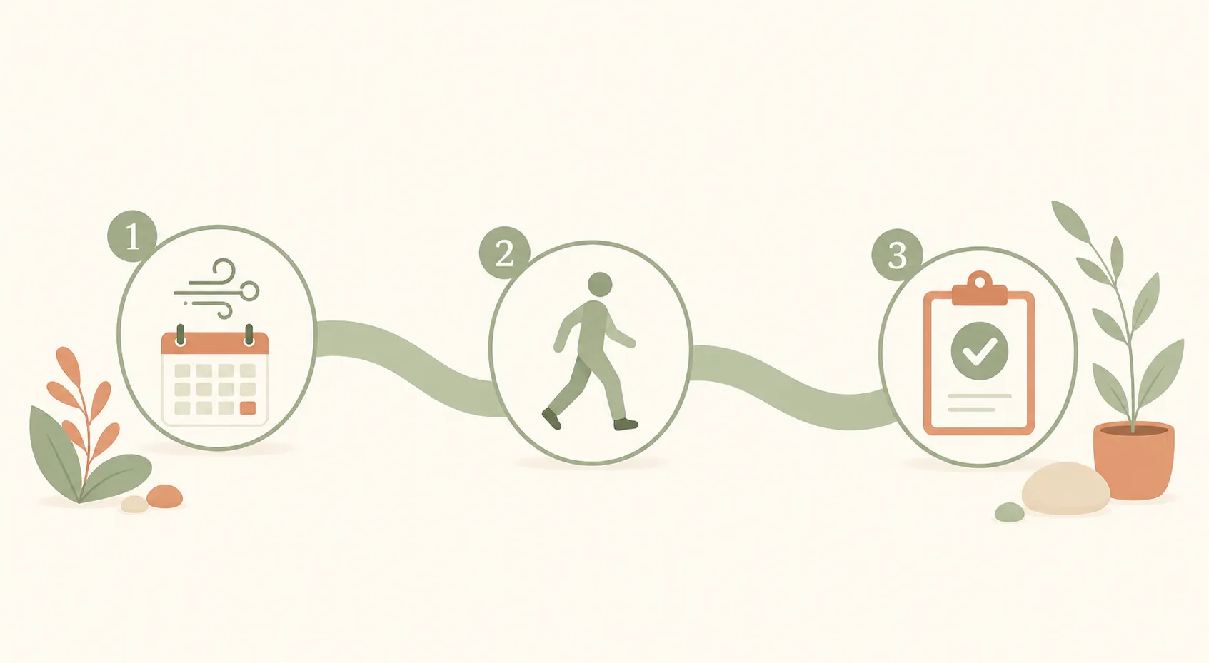 A three-stage illustration showing breathing, walking, and medical clearance during home recovery